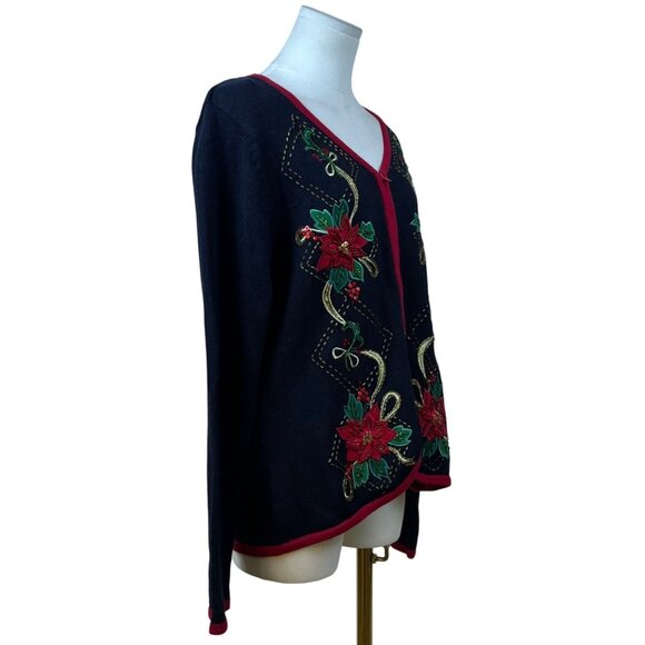 Tiara International Women's Black Red Cardigan Sweater Embroidered Sz L - Picture 4 of 8
